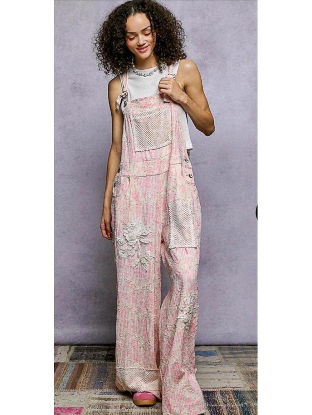 POL NWT Wide-Leg Pink Patch Lace Floral Overalls Size Large